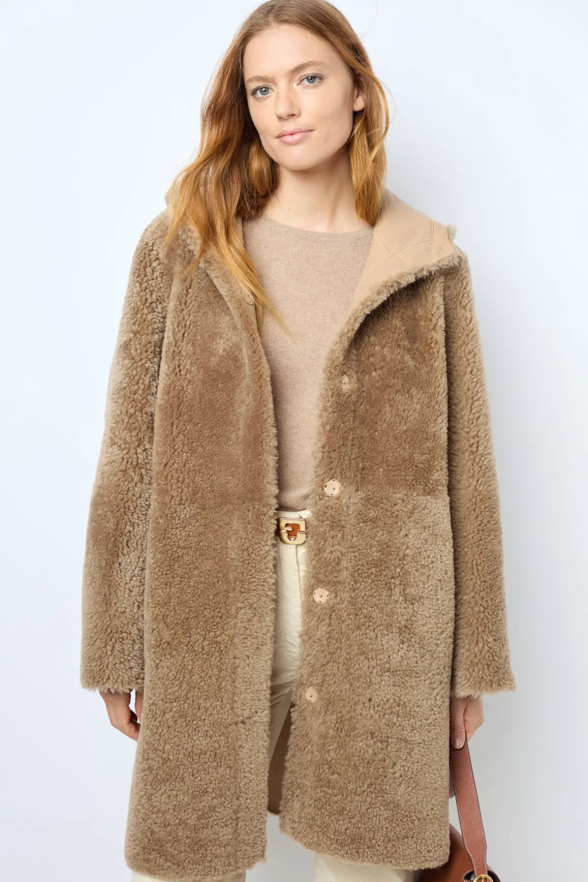Hooded shearling straight coat - LELIE