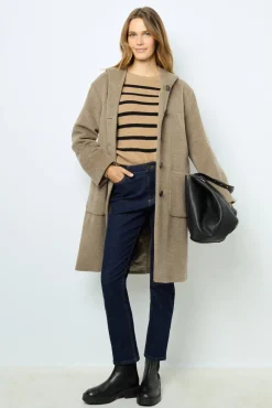 Hooded, straight cut wool and angora coat - LANELLE