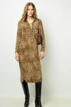 Leopard Print Maxi Dress with Lace-Up Detail - SIRENA